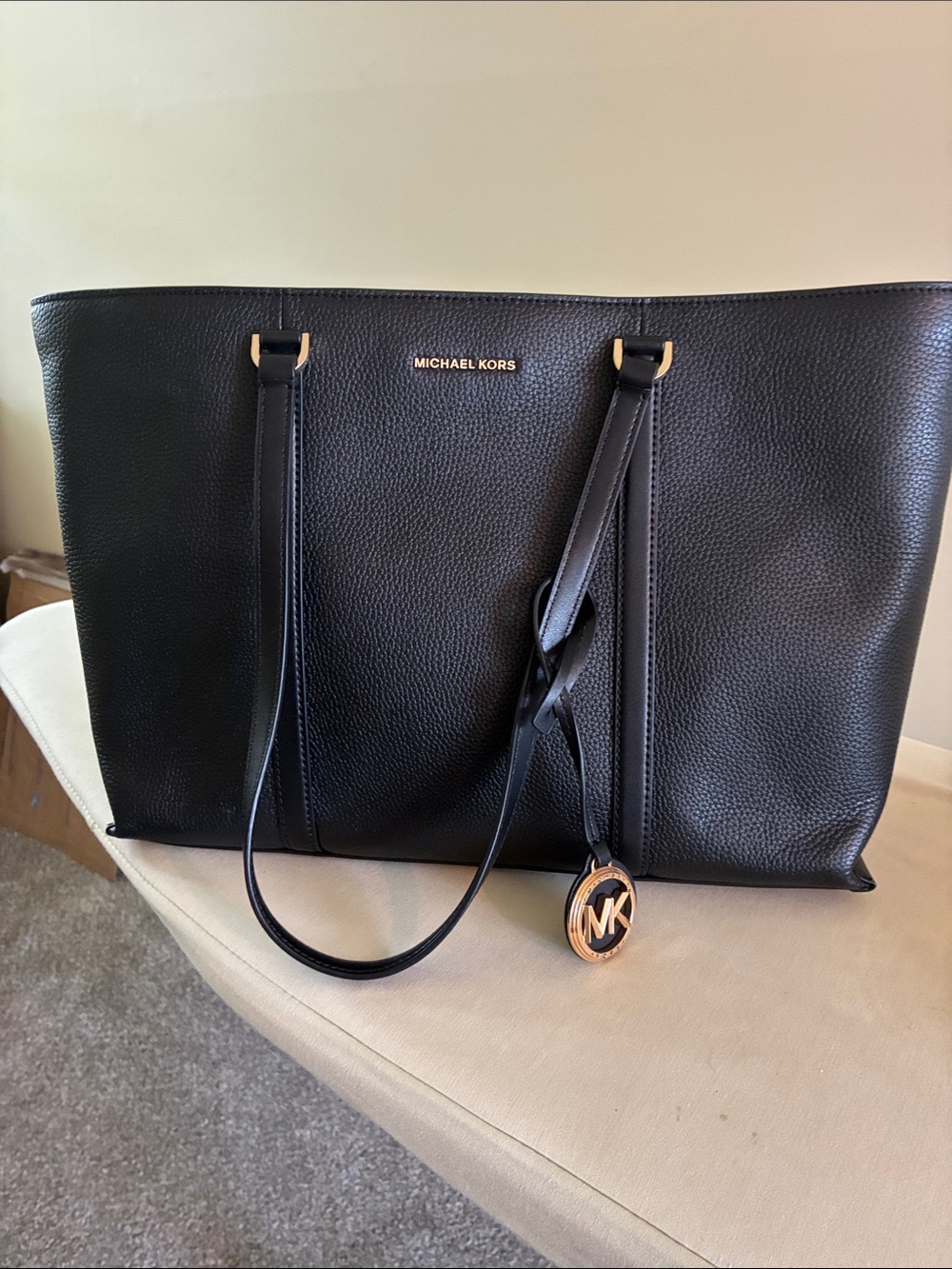 Michael Kors Black Pebbled Leather Tote with Gold Charm NWOT